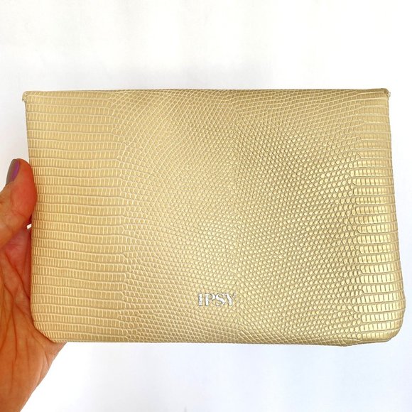 Ipsy Glam Bag Faux Snake Texture PVC Snap Closure Beige Green Cosmetic Bag 5x7in - Picture 2 of 7